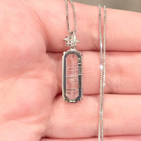18K Rutilated Rose Quartz Diamond Necklace, White Gold, Floral, Pink Gem, Luxury